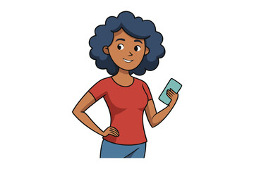 Modern Interaction: A young woman engages with her smartphone, embodying modern connectivity and the digital age. A colorful cartoon with minimalist details.