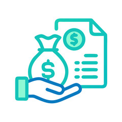 Hand holding money bag beside document on black background