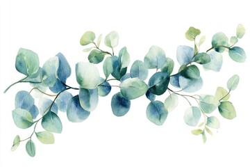 Delicate eucalyptus sprigs in soft teal and mint green hues, arranged horizontally.  Watercolor style