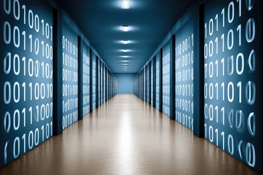 A long, perspective corridor lined with server racks, each clad in a light blue digital binary code.  The floor is light beige, and recessed fluorescent lights illuminate the space