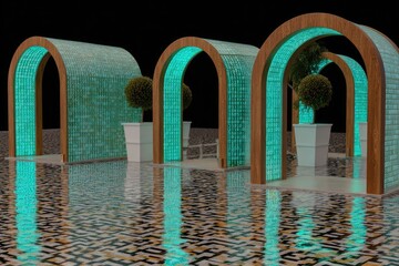 Three arched entryways, illuminated with teal-colored light, supported by wooden structures, with small potted plants inside, reflecting on a water surface