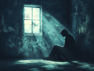 A man sitting alone in a dark room with a single ray of light coming through the window symbolizing isolation and loneliness. Painting style illustration