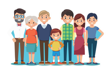 United Family Portrait: A vibrant illustration portrays a multigenerational family, standing together in harmony, capturing the warmth of familial bonds and the diversity of loved ones.