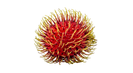 Close-up view of a rambutan fruit, showcasing its vibrant red and green hues against a stark black backdrop. A captivating image perfect for food blogs, culinary websites, and nature publications.