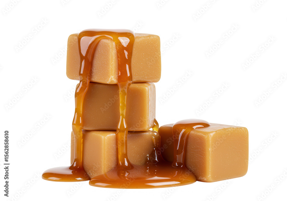 Poster a stack of three caramel candies with caramel sauce dripping down, isolated on transparent backgroun