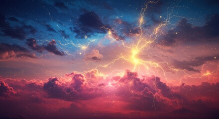 Naklejka premium Celestial Storm: A vibrant and surreal landscape of clouds, illuminated by bolts of golden lightning, painting a dramatic and otherworldly scene across a canvas of deep blues and fiery reds.