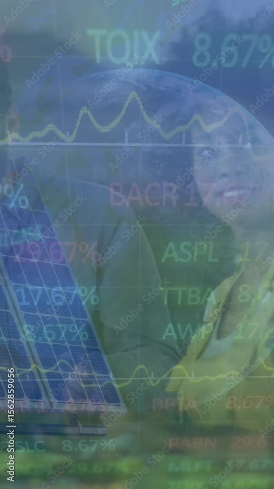 Poster animation of data processing and globe over diverse business people in office