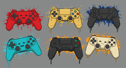 Colorful game controller collection with splash art style design on gray background © Md Faysal Ahmed