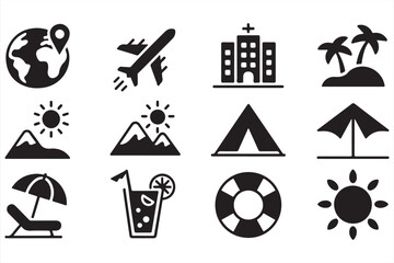 Vacation and adventure vector icons depicting travel, relaxation, and summer activities.