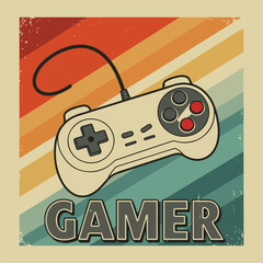 Retro style game controller with gamer text on striped background