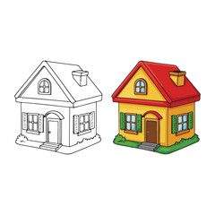Cartoon house illustration with coloring page outline and colored version