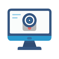 Computer monitor displaying a focused camera lens illustration