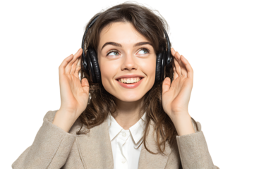 Happy woman listening to music with headphones.
