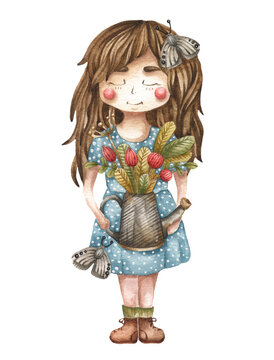 Illustration of a girl holding a watering can with flowers