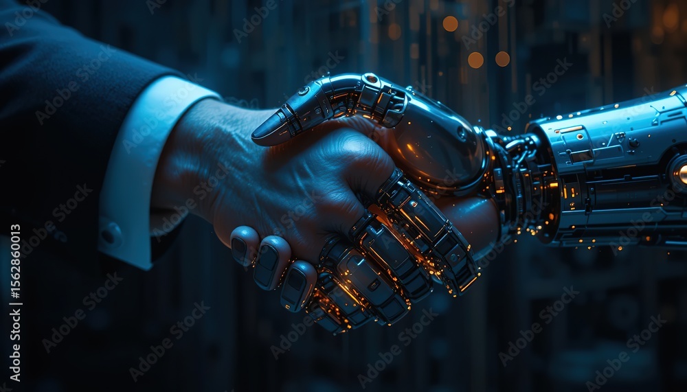 Poster .a humanoid robot ai agent hologram sharing knowledge with a human during the singularity symbolizin