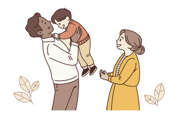 Happy Family Moments: A joyful illustration depicting a diverse family — a father playfully lifting their child, while the mother watches with a loving smile.