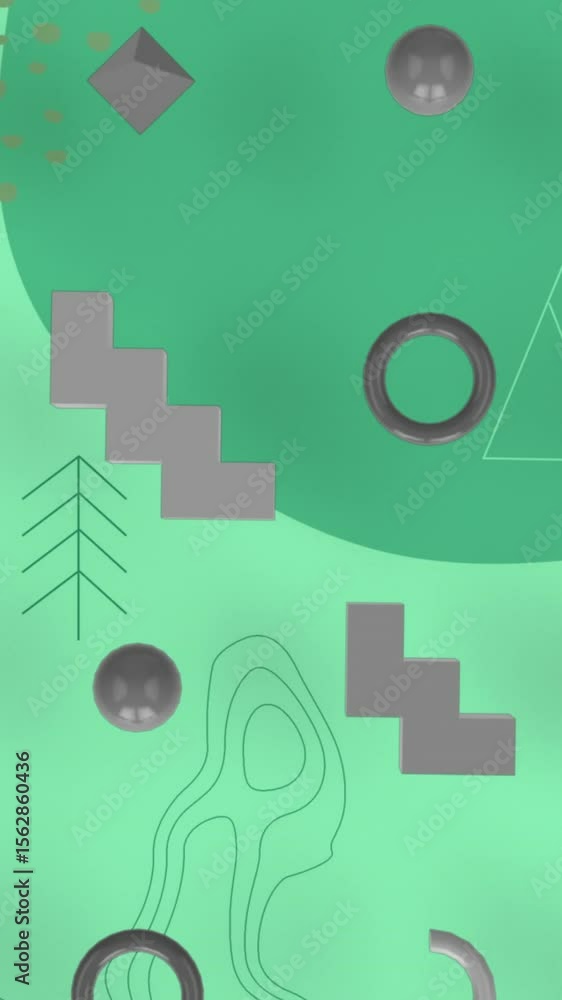 Poster animation of 3d shapes in seamless pattern over christmas tree icons and abstract shapes