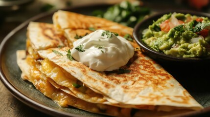 Delicious Quesadillas with Guacamole and Sour Cream on a Plate