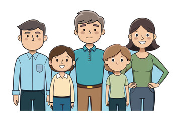 Family Portrait: A heartwarming cartoon illustration depicts a smiling family, symbolizing unity and love with their close bond and joyful expressions.