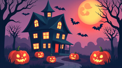 Spooky Halloween night background with pumpkins, bats, and a haunted house silhouette under a full moon illustration