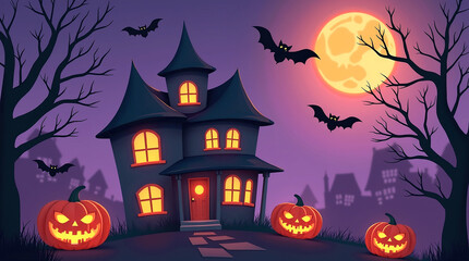 Spooky Halloween night background with pumpkins, bats, and a haunted house silhouette under a full moon illustration