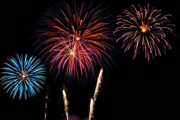 Fireworks Display at Night: Colorful Pyrotechnics Exploding in a Dark Sky, Celebration, New Year's Eve, Fourth of July, Festive Event