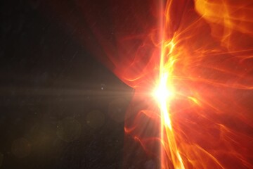 Abstract flat design is showing fiery plasma burst flowing into dark space with central light seam