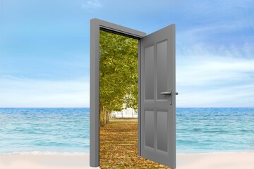 Digital composite of open door with trees