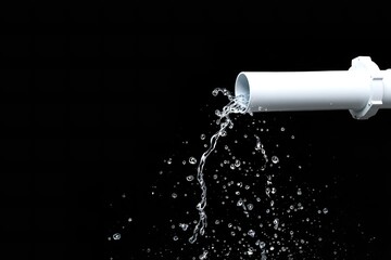 Water Splashing from White PVC Pipe: High-Speed Photography of Liquid Flow Against Black Background for Plumbing or Water Resource Concepts