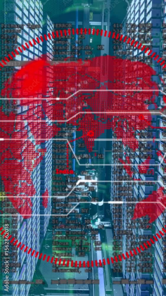 Poster animation of globe, numbers and data processing over computer servers