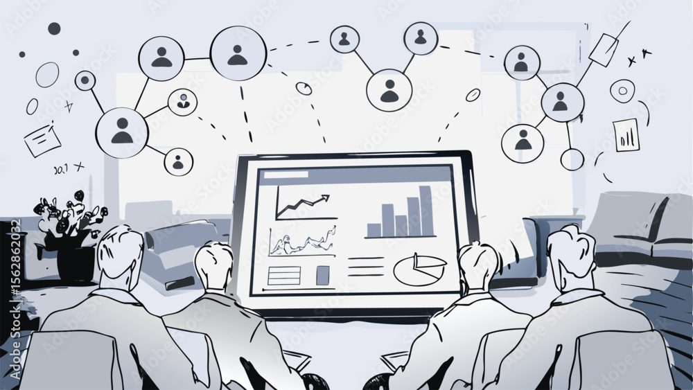 Poster team analysis of data and network visualization on screen in a meeting room setting illustration