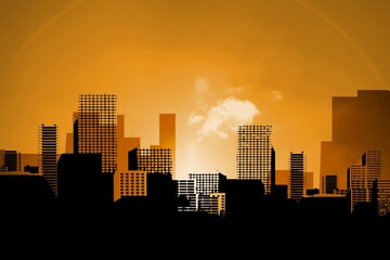 Obraz premium Silhouetted skyline is rising in flat style with grid skyscrapers under glowing sun and white cloud