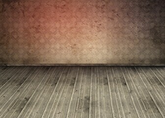 Flat design room illustration is showing worn plank floor with peeling wallpaper in muted tones