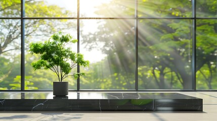 Naklejka premium Modern minimalist interior with a black marble platform and potted plant, illuminated by soft sunlight through large windows