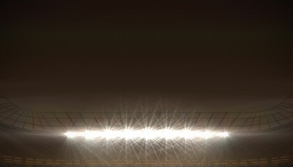 Bright stadium floodlights are illuminating metal roof trusses and seating tiers in flat design