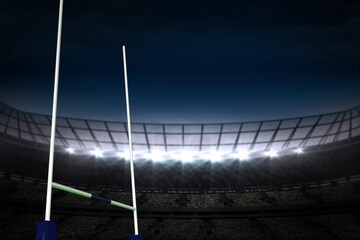White rugby goalposts are being shown in flat design under floodlights with curved grandstand © vectorfusionart