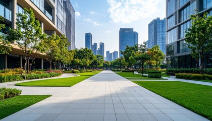 
"A Modern Oasis in the City: Urban Park with Architectural Flair, Wide Walking Path, and Stylish Open Landscape for Public Space and Promotional Use"
