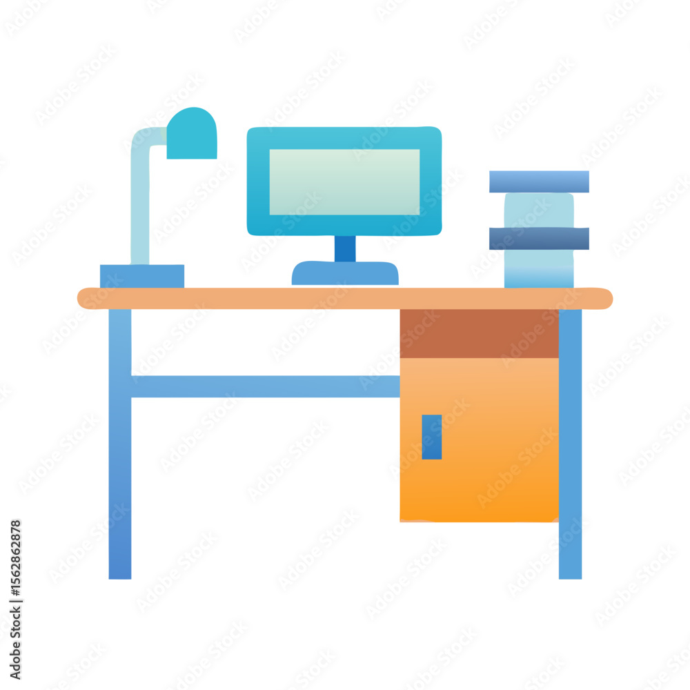 Poster office desk with computer lamp and books flat design