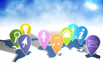 Nine colorful icon pins are floating above flat design blue world map with gradient sky