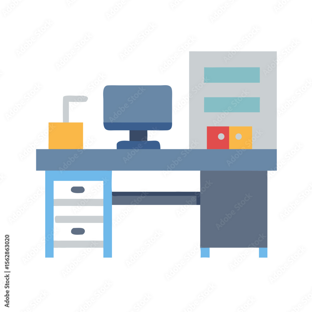 Poster simple flat illustration of desk with computer and shelf