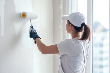 Woman painting a wall with a roller in a bright, modern interior during daytime renovations