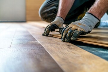 Hands of a worker carefully installing wooden flooring in a home renovation project during daylight hours