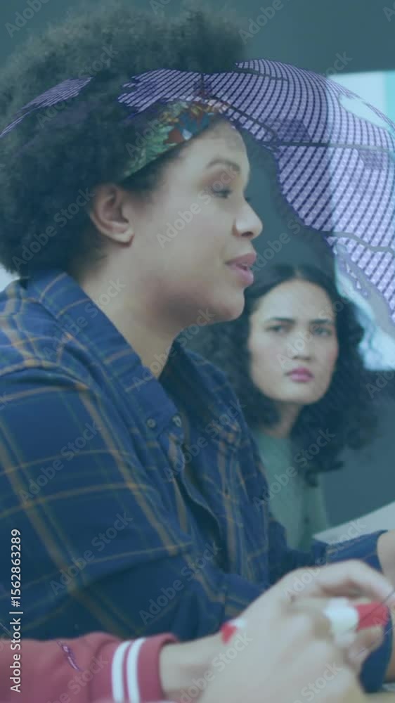 Poster animation of globe and data processing over business people in office