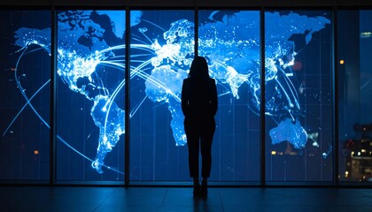 Business person silhouette viewing a holographic global network projected on a window