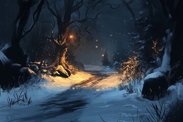 Enchanting winter forest path lit by warm light, snow-covered landscape