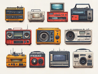 Fototapeta premium Set of retro equipment such as an oscilloscope, amplifier, radio, TV, music player. Hand draw sketch illustration isolated on white background