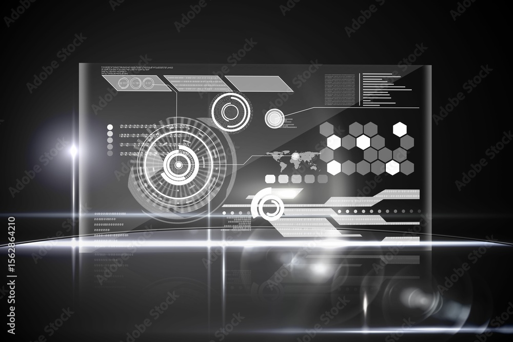 Poster transparent 3d panel is floating above floor in tech space with hud rings and hexagon icons