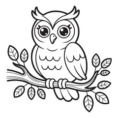 Cartoon owl sitting on a branch coloring page illustration