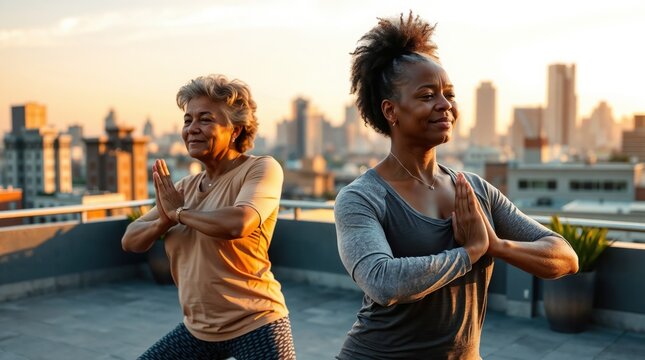 Diverse Senior Adults Practicing Yoga on Urban Rooftop at Sunset