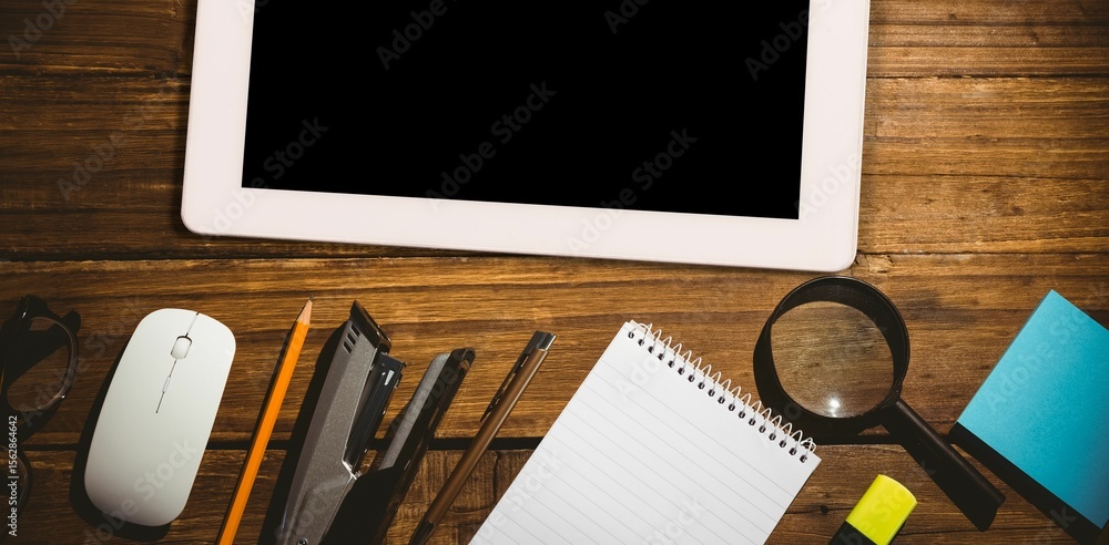 Poster flat design desk is showing spiral-bound notepad with tablet mouse pens sticky notes